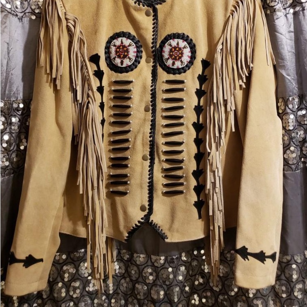 Suede Leather Indian Fringe Beaded coat jacket - Picture 4 of 12